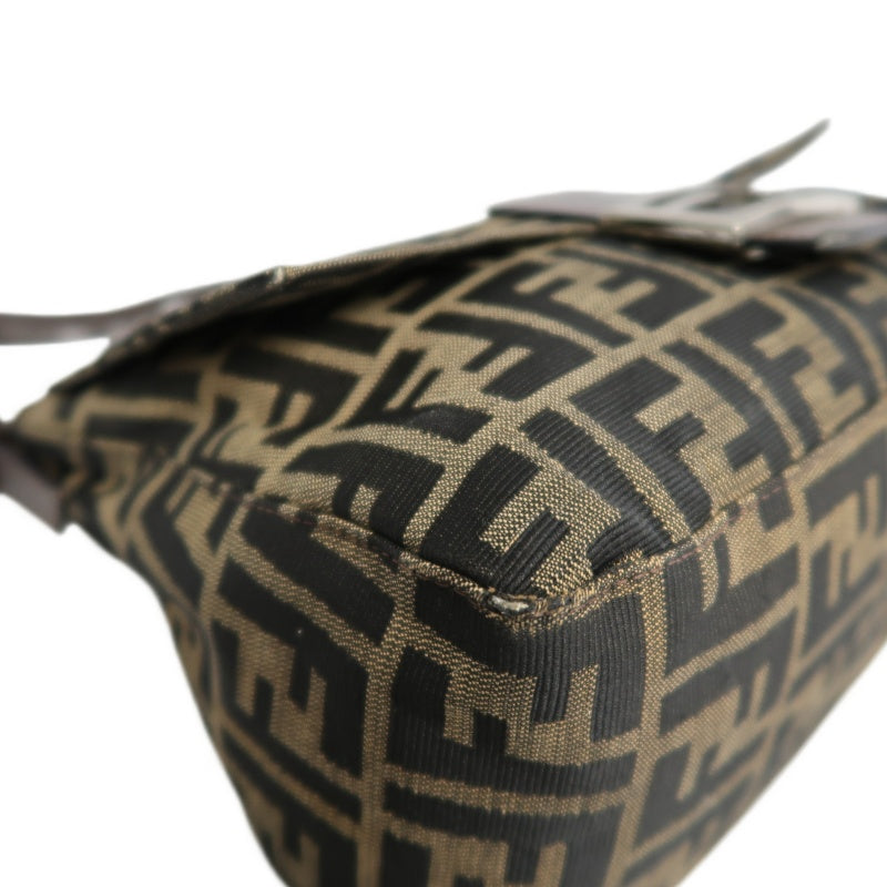FENDI Zucca Vintage Canvas Shoulder Bag Brown Leather Strap Silver Hardware