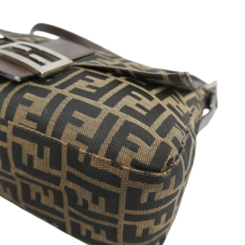 FENDI Zucca Vintage Canvas Shoulder Bag Brown Leather Strap Silver Hardware