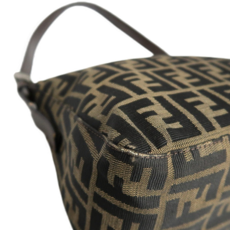 FENDI Zucca Vintage Canvas Shoulder Bag Brown Leather Strap Silver Hardware