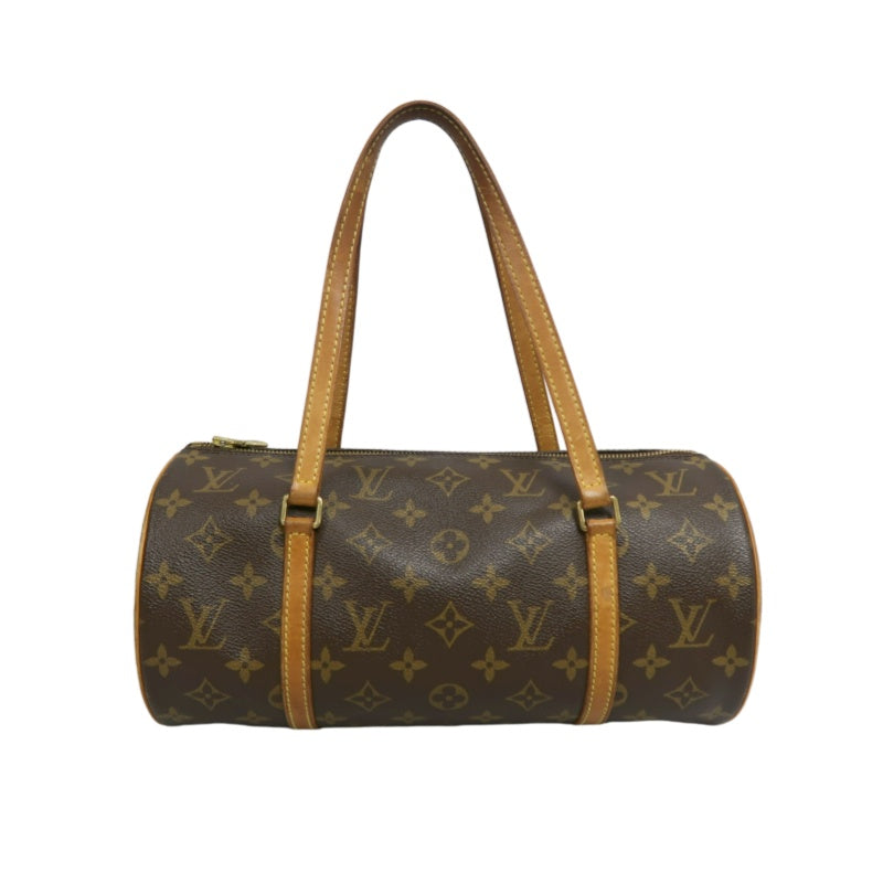 LOUIS VUITTON Monogram Papillon 30 Cylinder Handbag Brown Classic Canvas Tan Patina Calfskin Handle Gold Hardware Iconic Vintage Timeless Casual Commute Bag