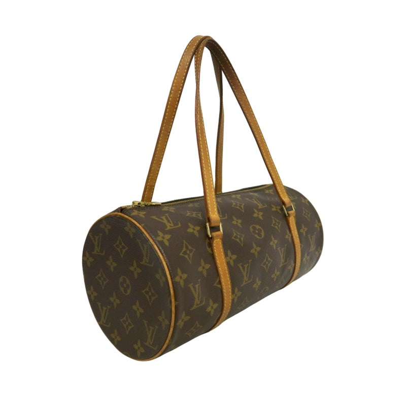 LOUIS VUITTON Monogram Papillon 30 Cylinder Handbag Brown Classic Canvas Tan Patina Calfskin Handle Gold Hardware Iconic Vintage Timeless Casual Commute Bag