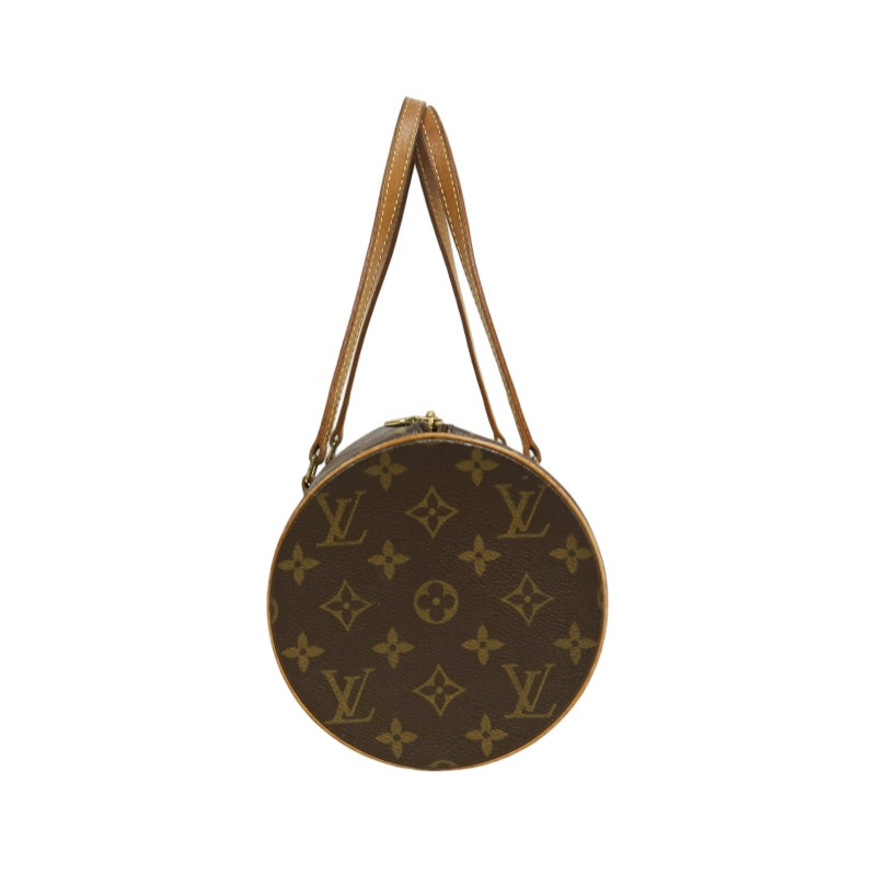 LOUIS VUITTON Monogram Papillon 30 Cylinder Handbag Brown Classic Canvas Tan Patina Calfskin Handle Gold Hardware Iconic Vintage Timeless Casual Commute Bag