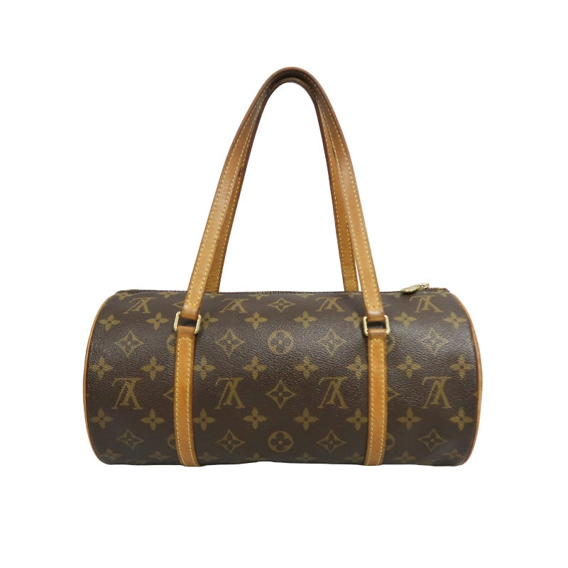 LOUIS VUITTON Monogram Papillon 30 Cylinder Handbag Brown Classic Canvas Tan Patina Calfskin Handle Gold Hardware Iconic Vintage Timeless Casual Commute Bag