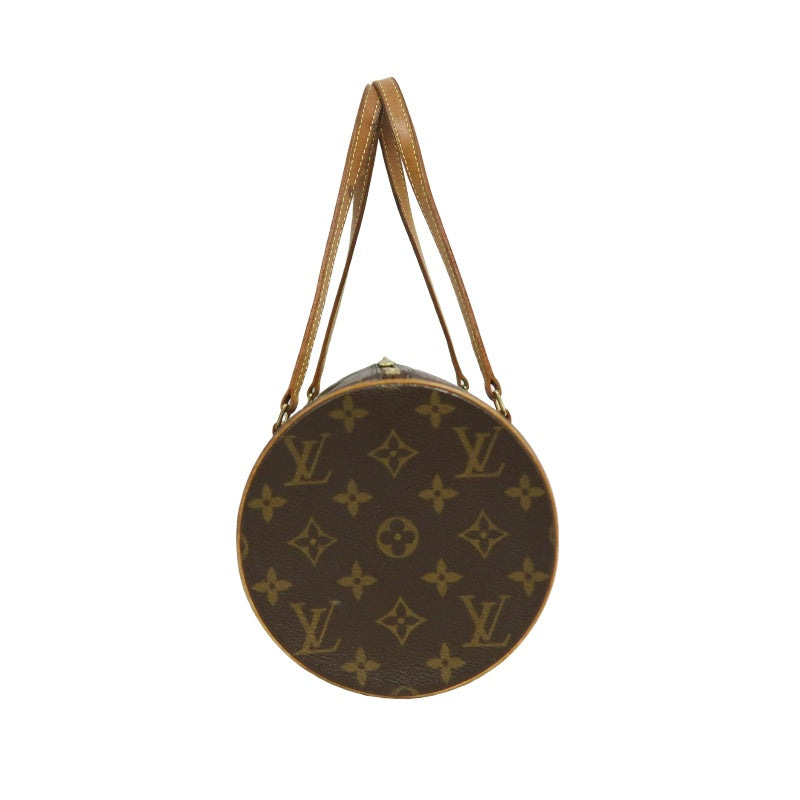 LOUIS VUITTON Monogram Papillon 30 Cylinder Handbag Brown Classic Canvas Tan Patina Calfskin Handle Gold Hardware Iconic Vintage Timeless Casual Commute Bag