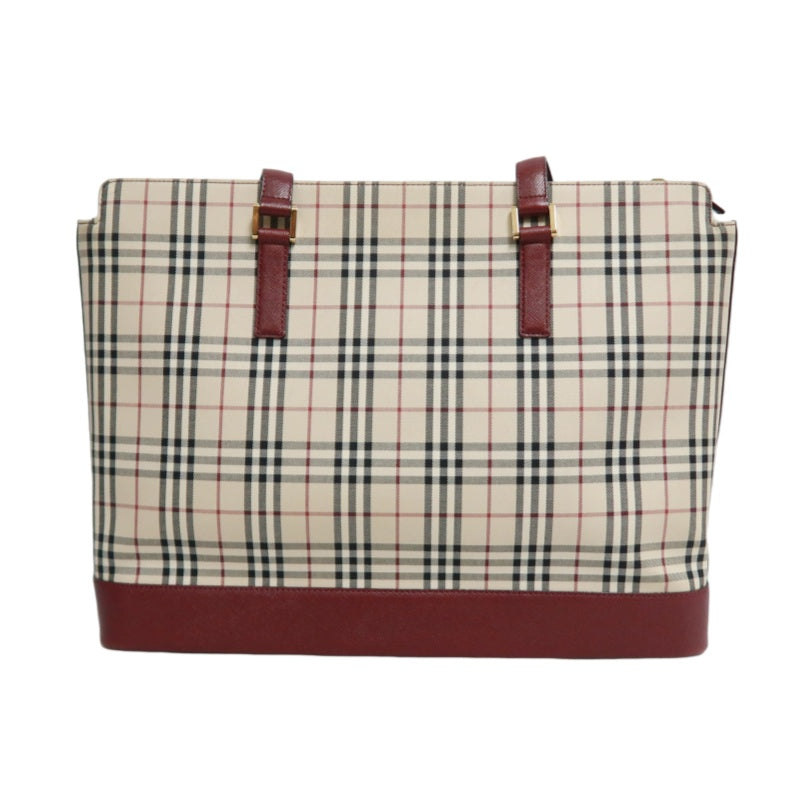 BURBERRY Vintage Nova Check Canvas Tote Bag With Burgundy Leather Strap And Reinforced Leather Base