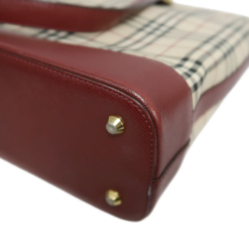 BURBERRY Vintage Nova Check Canvas Tote Bag With Burgundy Leather Strap And Reinforced Leather Base