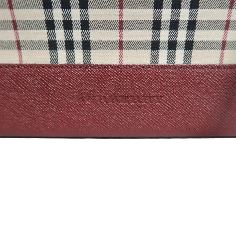 BURBERRY Vintage Nova Check Canvas Tote Bag With Burgundy Leather Strap And Reinforced Leather Base