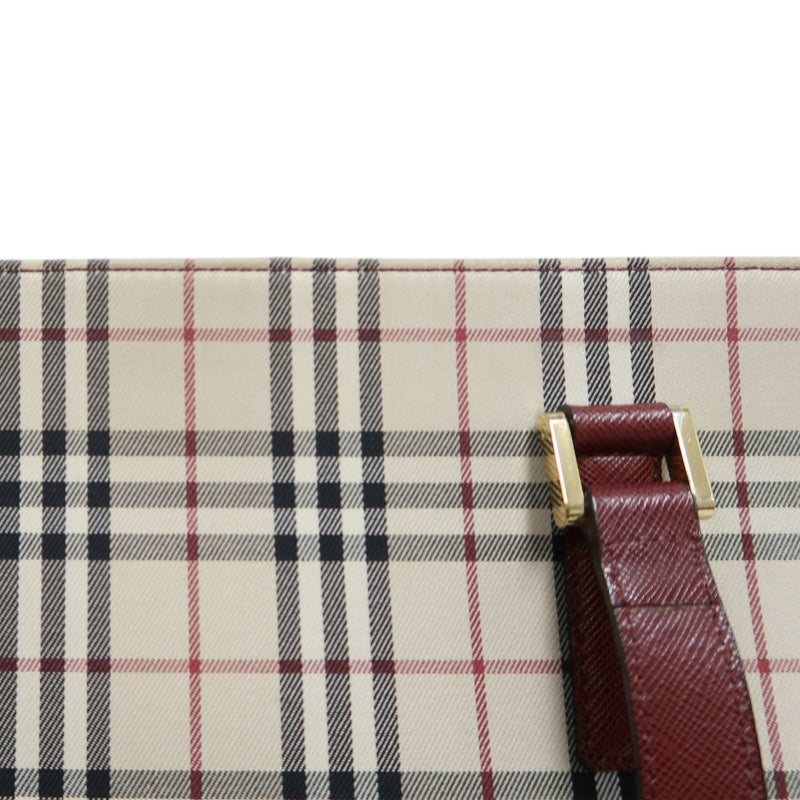 BURBERRY Vintage Nova Check Canvas Tote Bag With Burgundy Leather Strap And Reinforced Leather Base