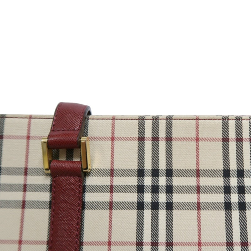 BURBERRY Vintage Nova Check Canvas Tote Bag With Burgundy Leather Strap And Reinforced Leather Base