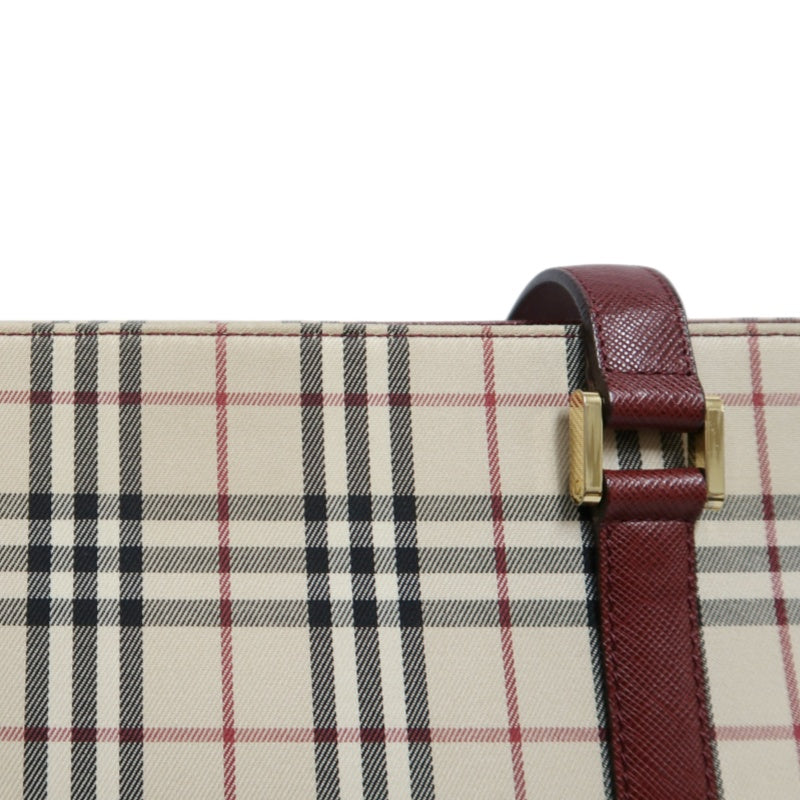 BURBERRY Vintage Nova Check Canvas Tote Bag With Burgundy Leather Strap And Reinforced Leather Base