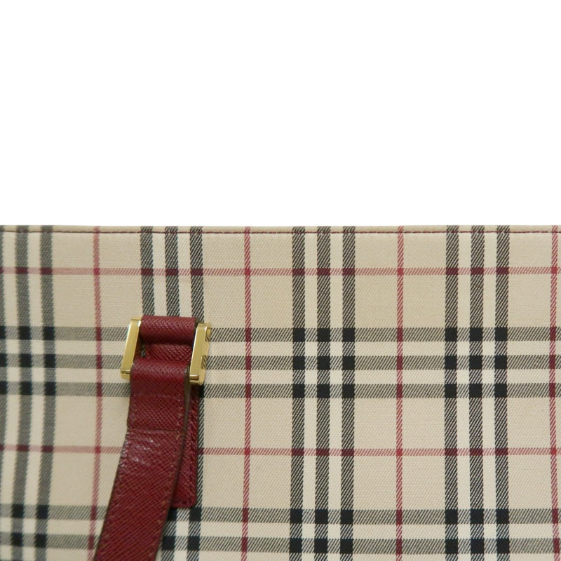 BURBERRY Vintage Nova Check Canvas Tote Bag With Burgundy Leather Strap And Reinforced Leather Base
