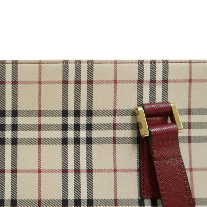 BURBERRY Vintage Nova Check Canvas Tote Bag With Burgundy Leather Strap And Reinforced Leather Base