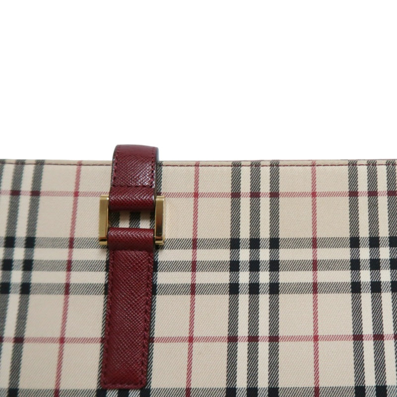 BURBERRY Vintage Nova Check Canvas Tote Bag With Burgundy Leather Strap And Reinforced Leather Base