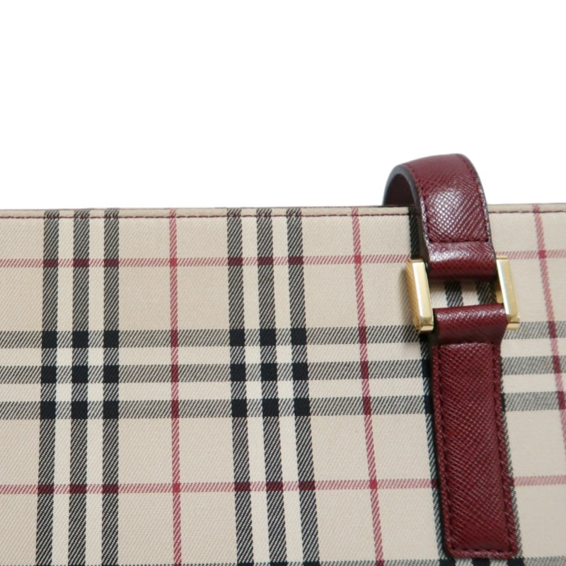 BURBERRY Vintage Nova Check Canvas Tote Bag With Burgundy Leather Strap And Reinforced Leather Base