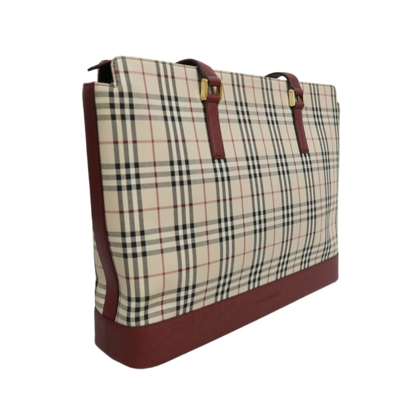BURBERRY Vintage Nova Check Canvas Tote Bag With Burgundy Leather Strap And Reinforced Leather Base