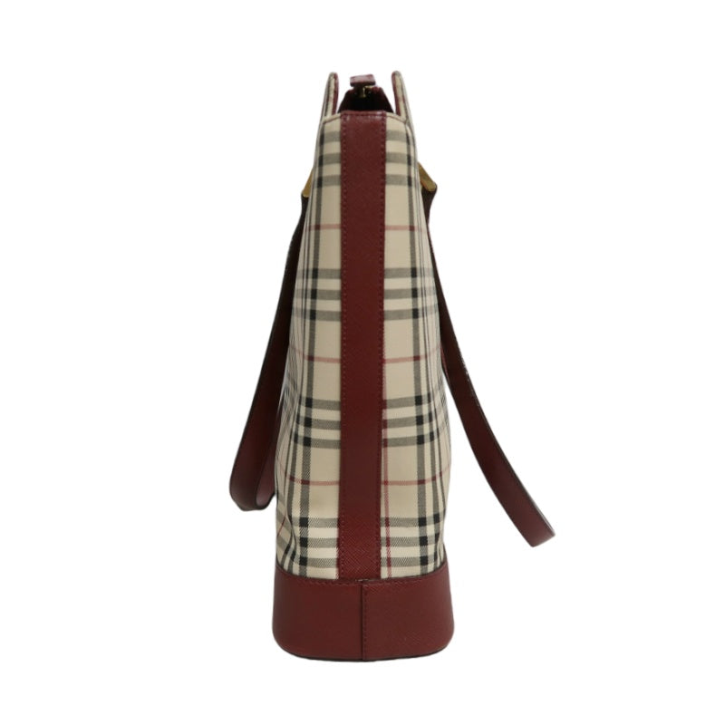 BURBERRY Vintage Nova Check Canvas Tote Bag With Burgundy Leather Strap And Reinforced Leather Base