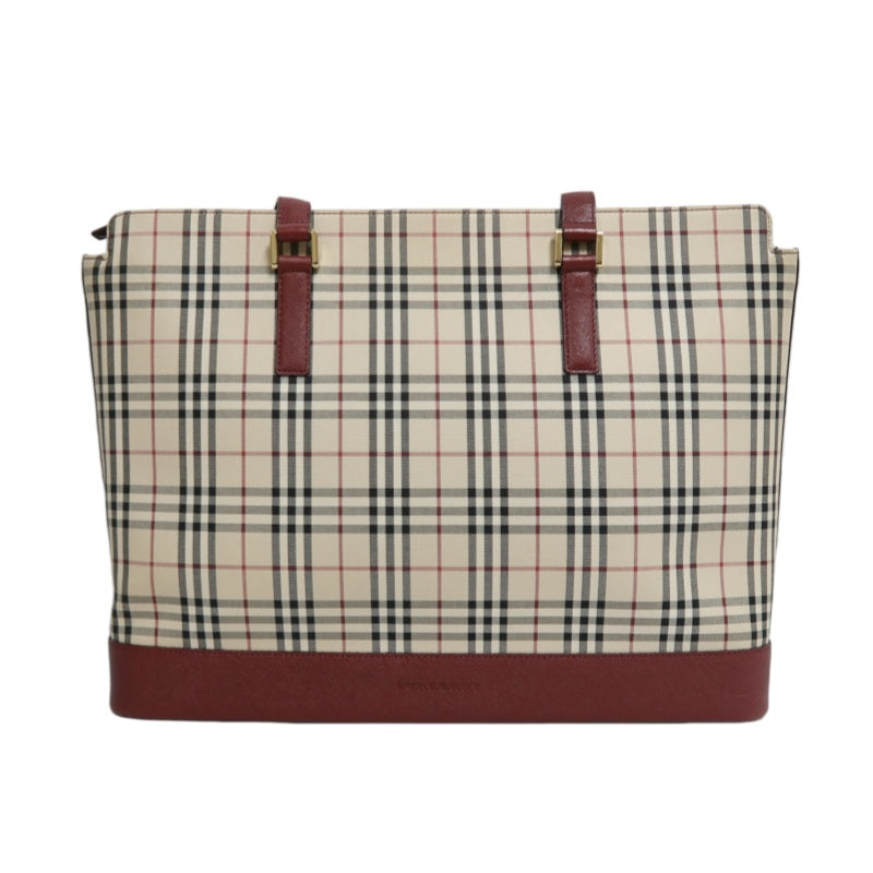 BURBERRY Vintage Nova Check Canvas Tote Bag With Burgundy Leather Strap And Reinforced Leather Base