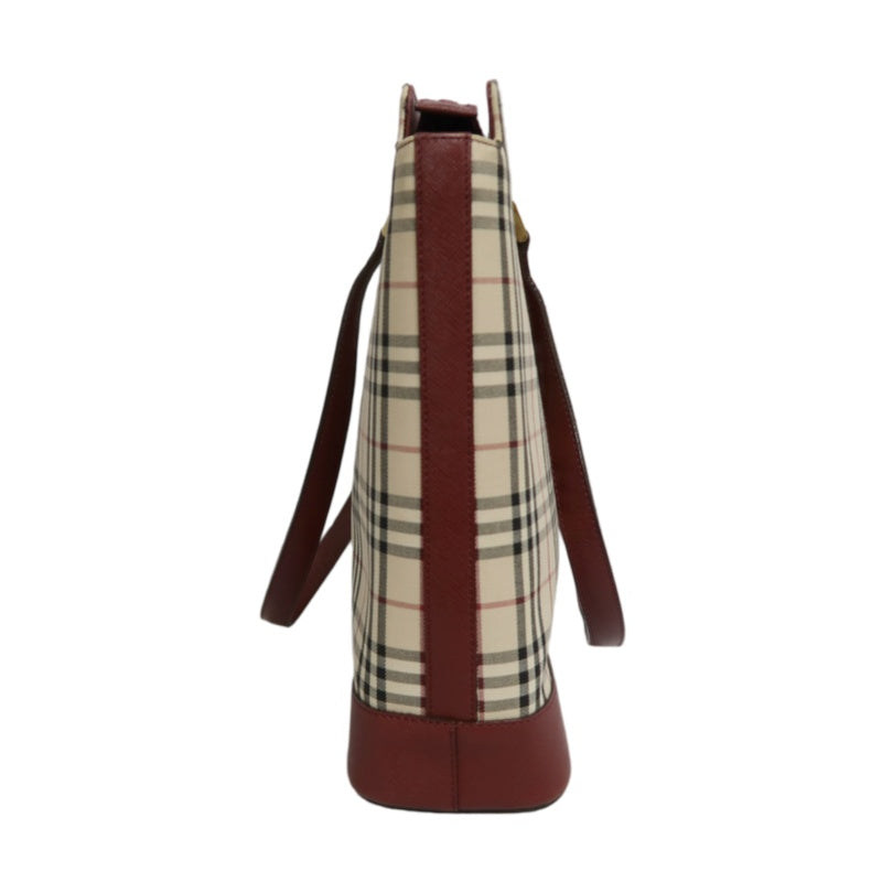 BURBERRY Vintage Nova Check Canvas Tote Bag With Burgundy Leather Strap And Reinforced Leather Base