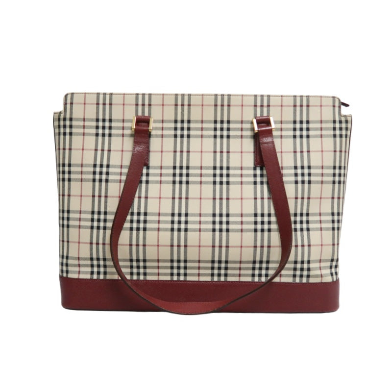 BURBERRY Vintage Nova Check Canvas Tote Bag With Burgundy Leather Strap And Reinforced Leather Base
