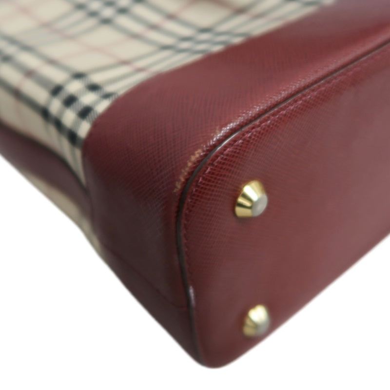 BURBERRY Vintage Nova Check Canvas Tote Bag With Burgundy Leather Strap And Reinforced Leather Base