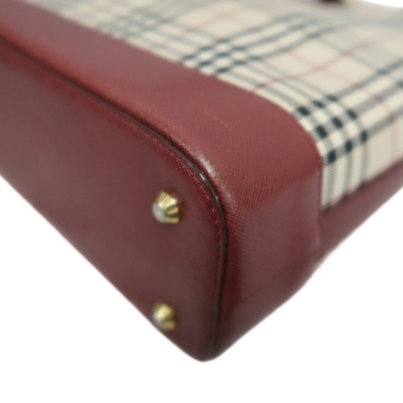 BURBERRY Vintage Nova Check Canvas Tote Bag With Burgundy Leather Strap And Reinforced Leather Base