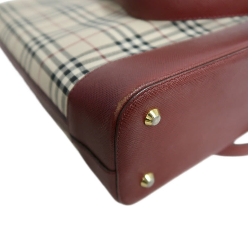 BURBERRY Vintage Nova Check Canvas Tote Bag With Burgundy Leather Strap And Reinforced Leather Base