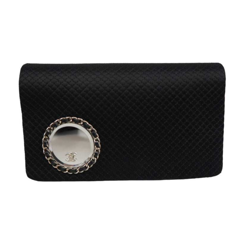 CHANEL Vintage Canvas Chain Pouch Shoulder Bag Black Silver Hardware