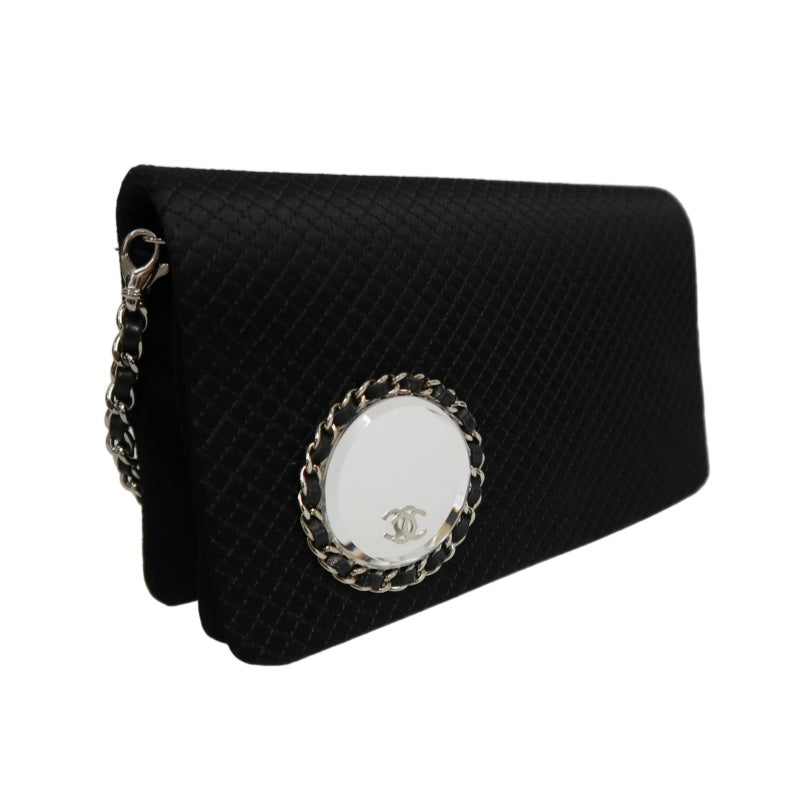 CHANEL Vintage Canvas Chain Pouch Shoulder Bag Black Silver Hardware