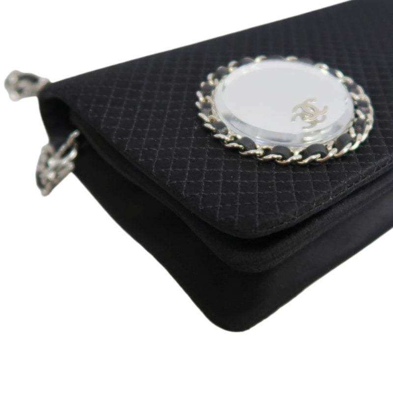 CHANEL Vintage Canvas Chain Pouch Shoulder Bag Black Silver Hardware
