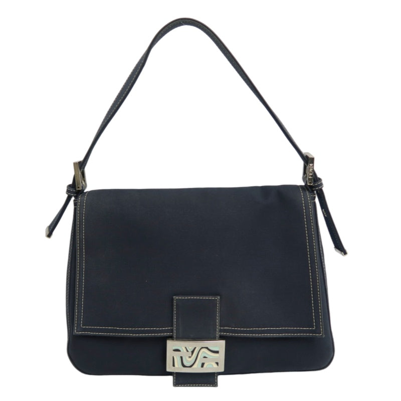 FENDI Vintage Canvas Handbag Black Leather Trim Silver Hardware