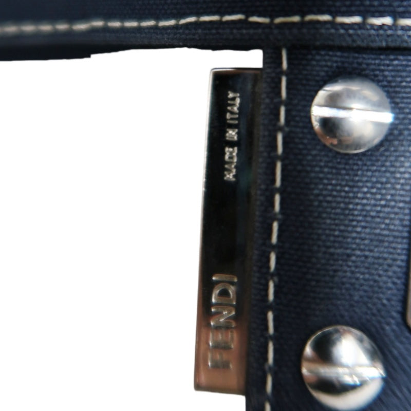 FENDI Vintage Canvas Handbag Black Leather Trim Silver Hardware