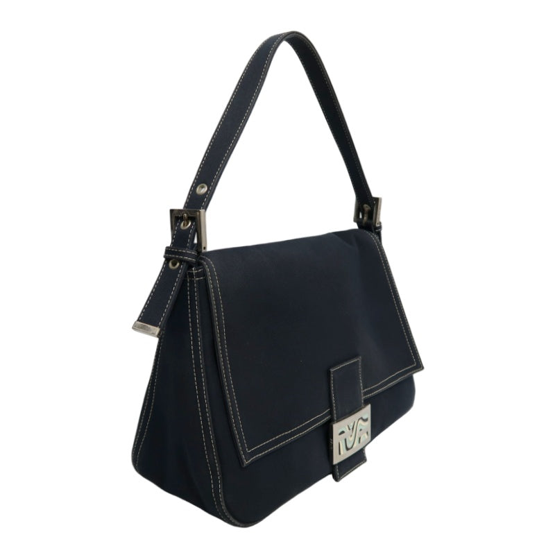 FENDI Vintage Canvas Handbag Black Leather Trim Silver Hardware