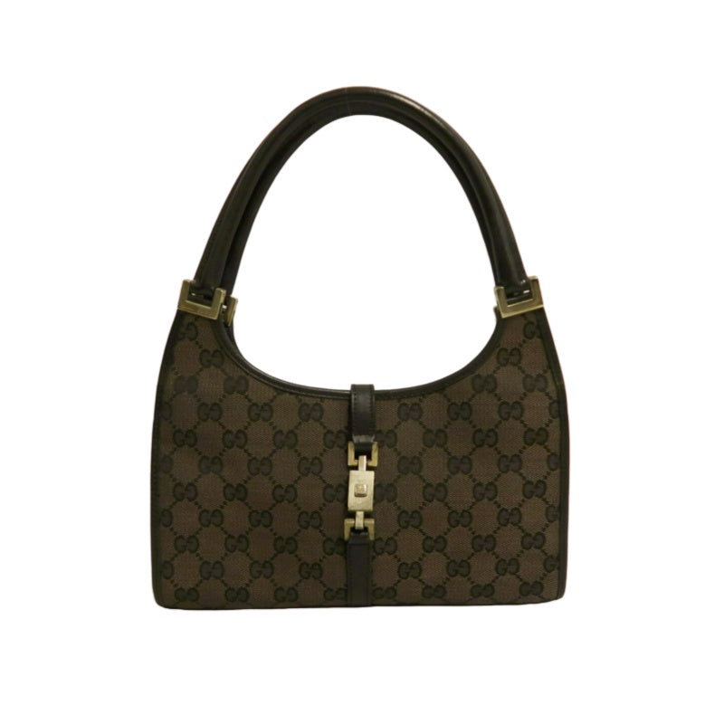 GUCCI GG Monogram Canvas Jackie Hobo Handbag Dark Brown Classic Pattern Black Leather Trim Silver Hardware Vintage Iconic Elegant Casual Shoulder Bag