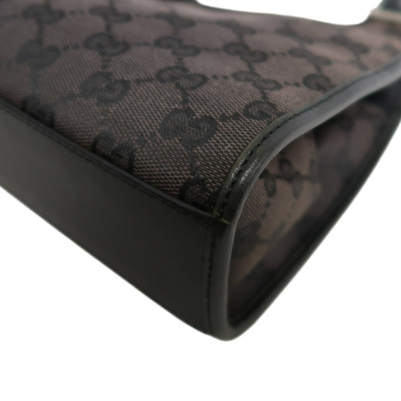 GUCCI GG Monogram Canvas Jackie Hobo Handbag Dark Brown Classic Pattern Black Leather Trim Silver Hardware Vintage Iconic Elegant Casual Shoulder Bag