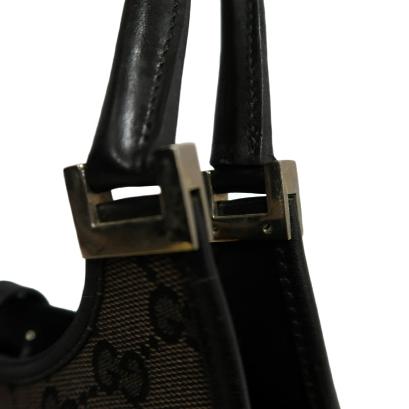 GUCCI GG Monogram Canvas Jackie Hobo Handbag Dark Brown Classic Pattern Black Leather Trim Silver Hardware Vintage Iconic Elegant Casual Shoulder Bag