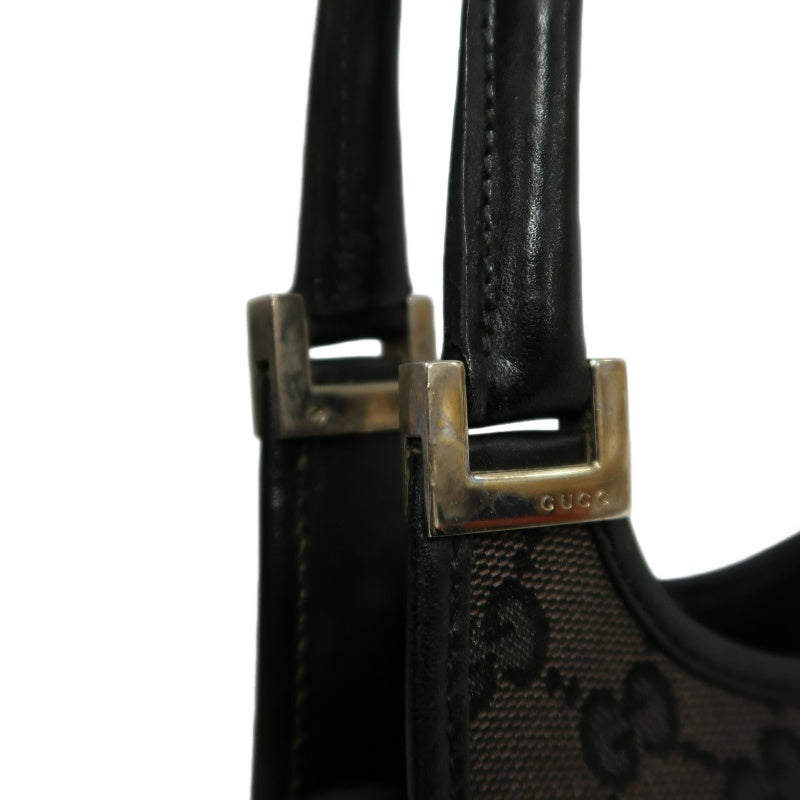 GUCCI GG Monogram Canvas Jackie Hobo Handbag Dark Brown Classic Pattern Black Leather Trim Silver Hardware Vintage Iconic Elegant Casual Shoulder Bag