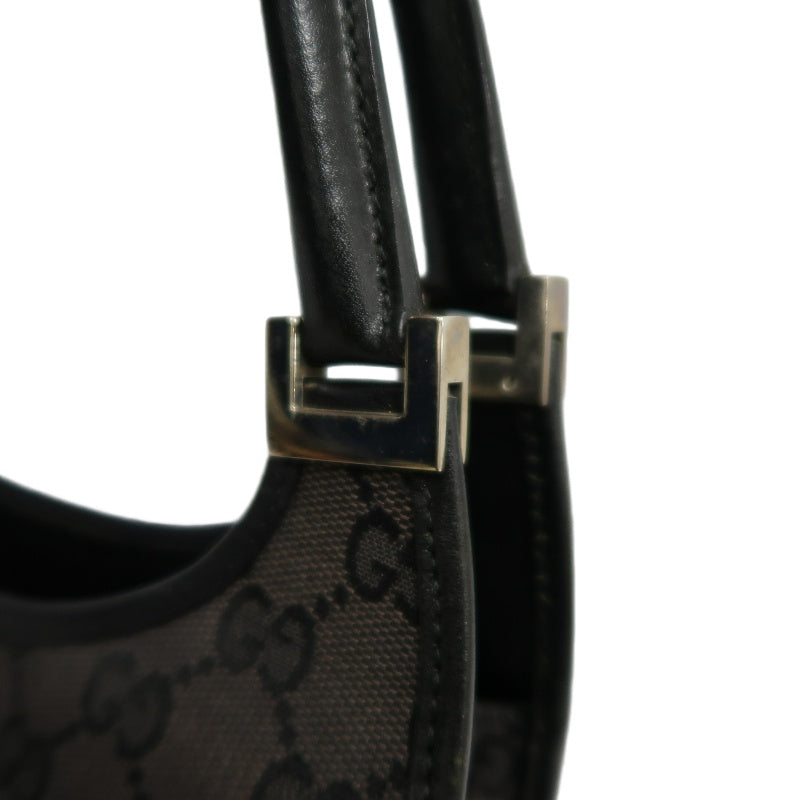 GUCCI GG Monogram Canvas Jackie Hobo Handbag Dark Brown Classic Pattern Black Leather Trim Silver Hardware Vintage Iconic Elegant Casual Shoulder Bag