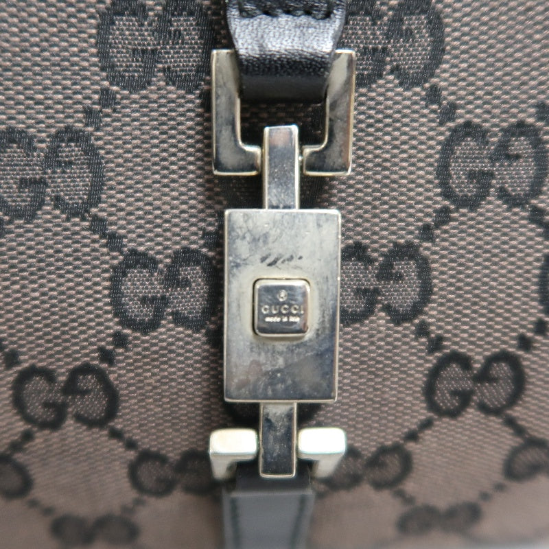 GUCCI GG Monogram Canvas Jackie Hobo Handbag Dark Brown Classic Pattern Black Leather Trim Silver Hardware Vintage Iconic Elegant Casual Shoulder Bag