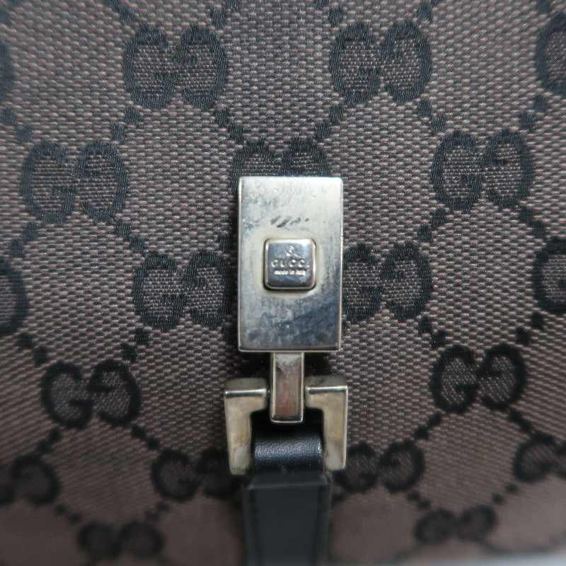 GUCCI GG Monogram Canvas Jackie Hobo Handbag Dark Brown Classic Pattern Black Leather Trim Silver Hardware Vintage Iconic Elegant Casual Shoulder Bag