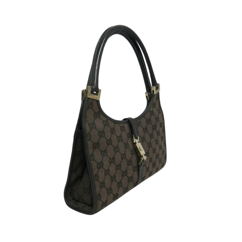 GUCCI GG Monogram Canvas Jackie Hobo Handbag Dark Brown Classic Pattern Black Leather Trim Silver Hardware Vintage Iconic Elegant Casual Shoulder Bag