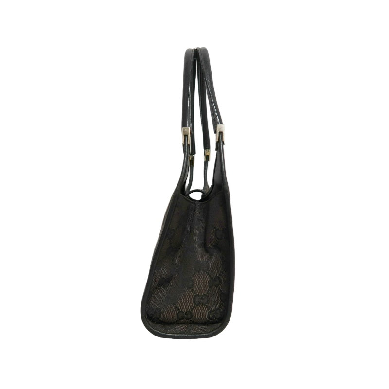 GUCCI GG Monogram Canvas Jackie Hobo Handbag Dark Brown Classic Pattern Black Leather Trim Silver Hardware Vintage Iconic Elegant Casual Shoulder Bag