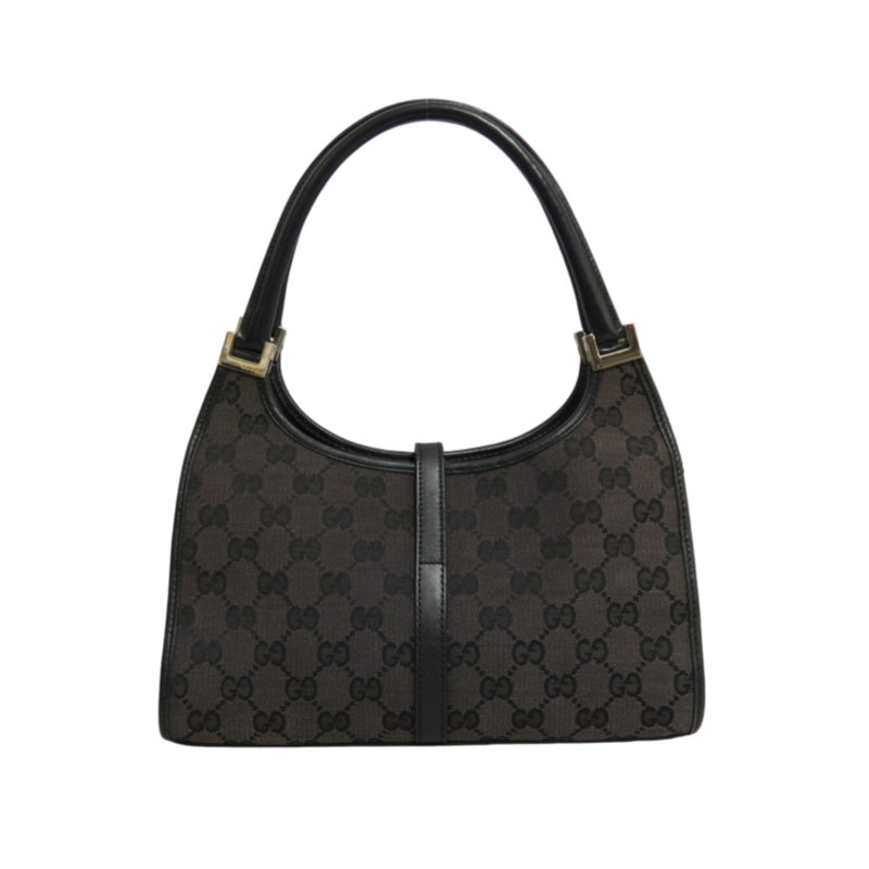 GUCCI GG Monogram Canvas Jackie Hobo Handbag Dark Brown Classic Pattern Black Leather Trim Silver Hardware Vintage Iconic Elegant Casual Shoulder Bag