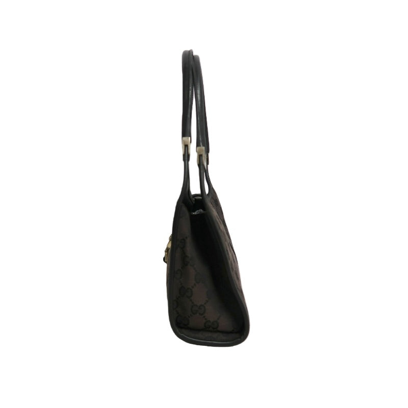 GUCCI GG Monogram Canvas Jackie Hobo Handbag Dark Brown Classic Pattern Black Leather Trim Silver Hardware Vintage Iconic Elegant Casual Shoulder Bag