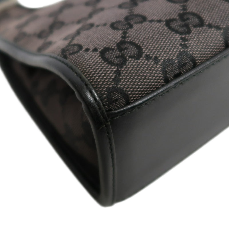 GUCCI GG Monogram Canvas Jackie Hobo Handbag Dark Brown Classic Pattern Black Leather Trim Silver Hardware Vintage Iconic Elegant Casual Shoulder Bag