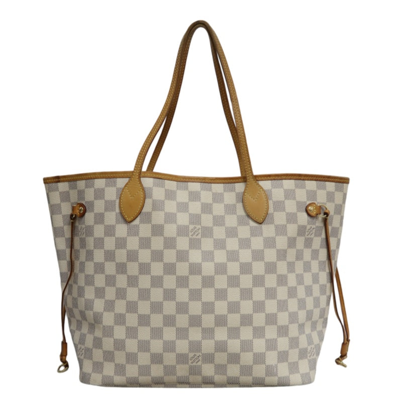 LOUISVUITTON LV White Damier Azur Neverfull PVC Canvas With Patina Vachetta Leather Trim Tote Shoulder Bag With Gold Hardware