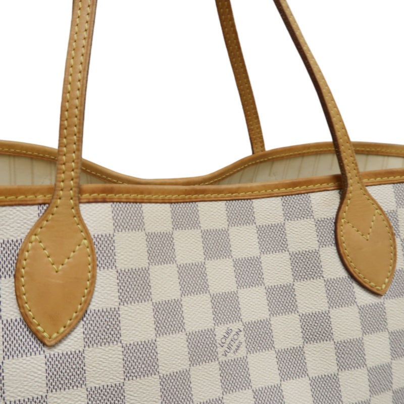 LOUISVUITTON LV White Damier Azur Neverfull PVC Canvas With Patina Vachetta Leather Trim Tote Shoulder Bag With Gold Hardware