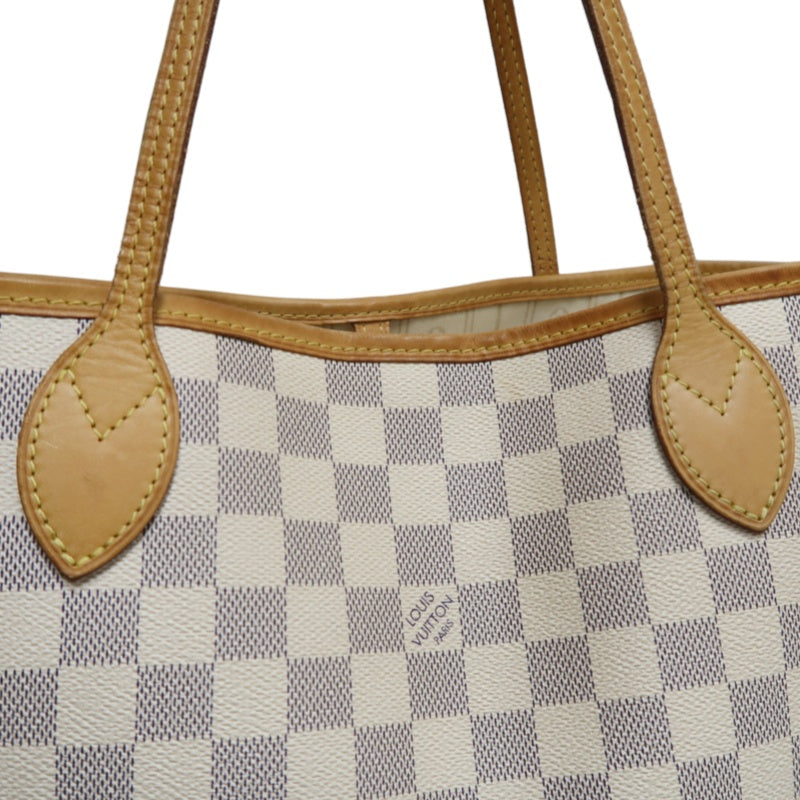 LOUISVUITTON LV White Damier Azur Neverfull PVC Canvas With Patina Vachetta Leather Trim Tote Shoulder Bag With Gold Hardware