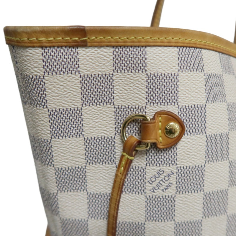 LOUISVUITTON LV White Damier Azur Neverfull PVC Canvas With Patina Vachetta Leather Trim Tote Shoulder Bag With Gold Hardware