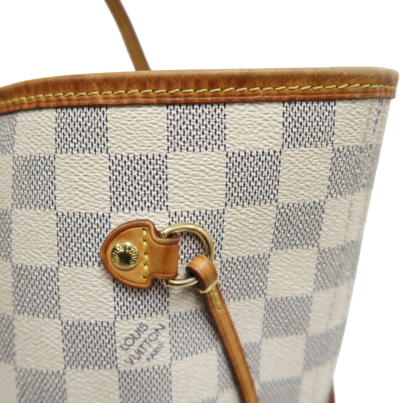 LOUISVUITTON LV White Damier Azur Neverfull PVC Canvas With Patina Vachetta Leather Trim Tote Shoulder Bag With Gold Hardware