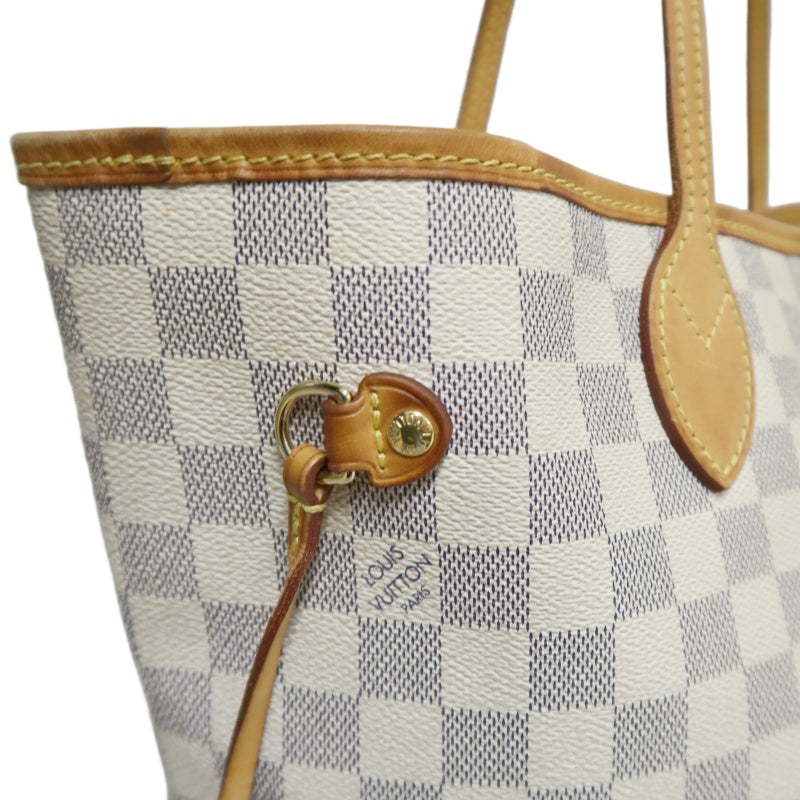 LOUISVUITTON LV White Damier Azur Neverfull PVC Canvas With Patina Vachetta Leather Trim Tote Shoulder Bag With Gold Hardware